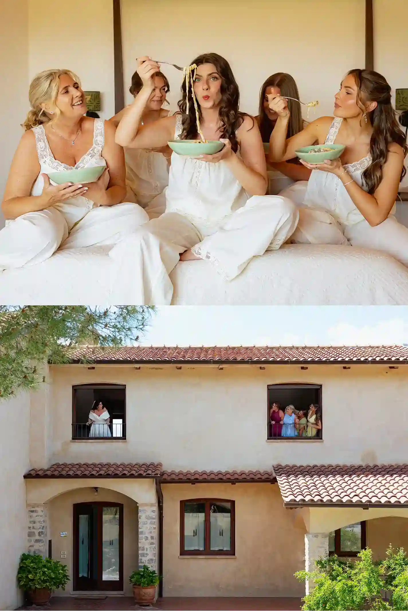 Bruden og brudefølget gjør seg klare før bryllupet på den toskanske villaen Bride and bridal party getting ready before the wedding at a Tuscan villa