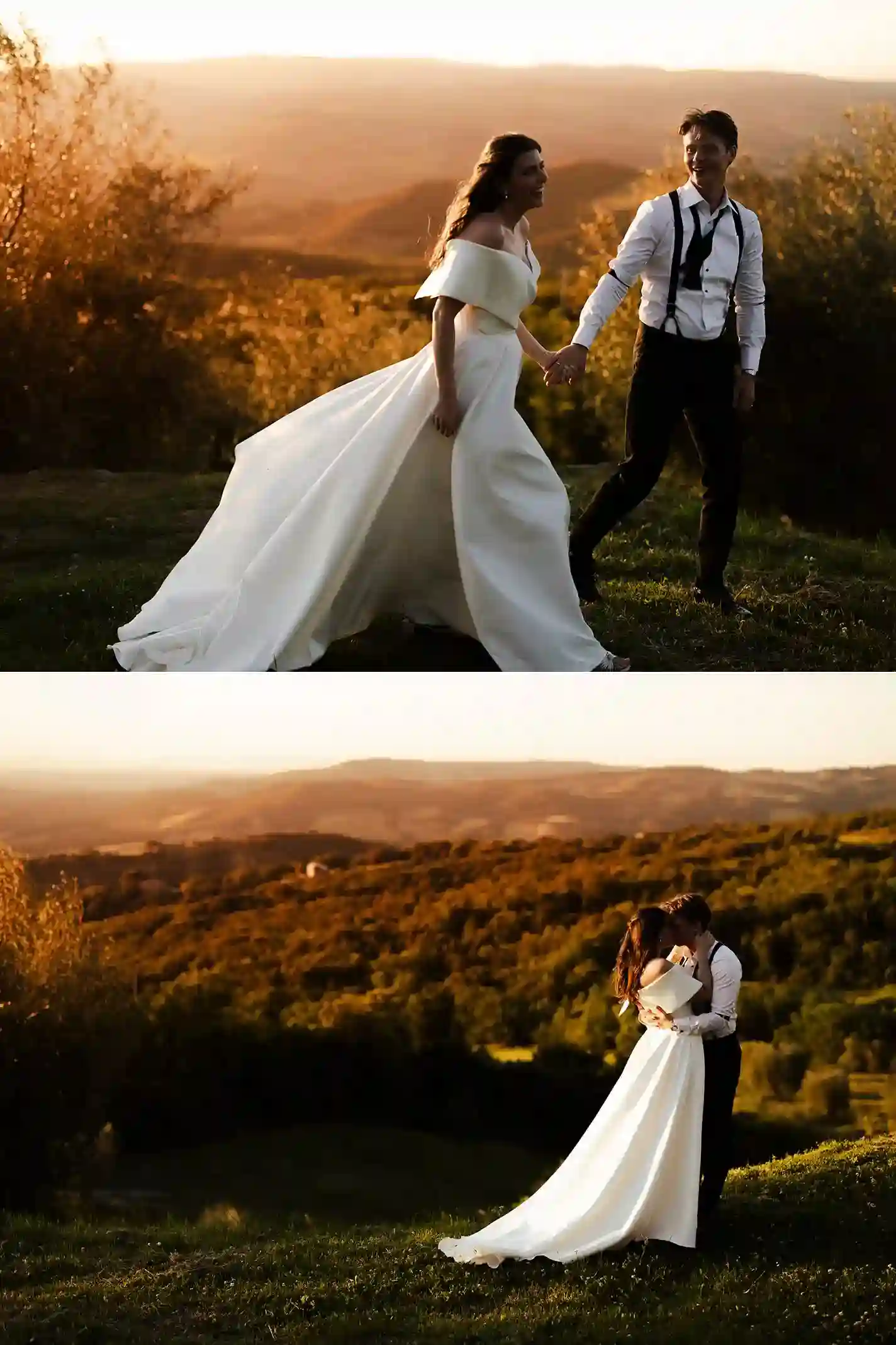 Brudepar under golden hour med utsikt over åsene i Toscana Bride and groom during golden hour overlooking the hills of Tuscany