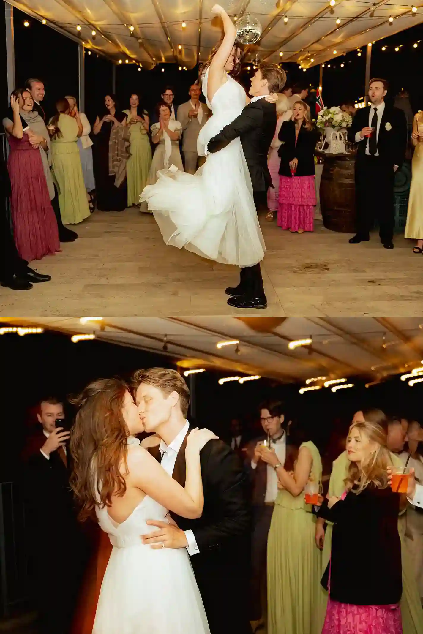 Brudeparet danser omgitt av gjestene under bryllupsfesten i Toscana Bride and groom dancing surrounded by their guests during the wedding celebration in Tuscany