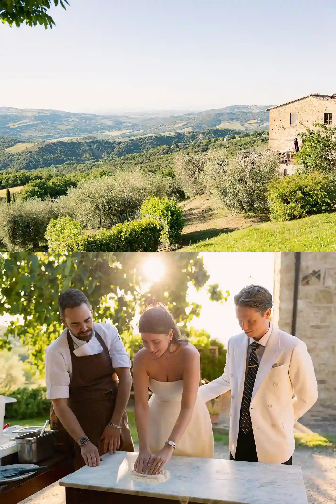 Brudepar lager pizza under vinsmaking og velkomstkveld i Seggiano, Toscana Bride and groom making pizza during their wine tasting and welcome evening in Seggiano, Tuscany