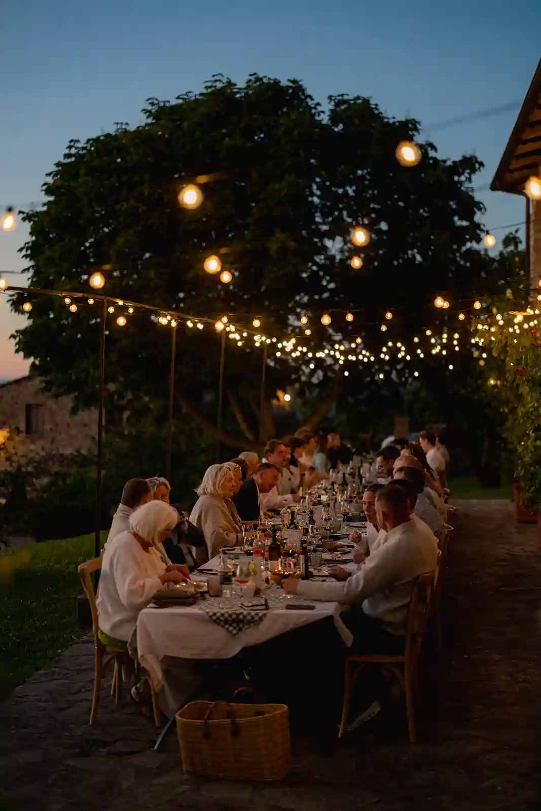 Langbord under lyslenker på velkomstkvelden i Seggiano, Toscana Long dinner table beneath string lights during the welcome evening in Seggiano, Tuscany