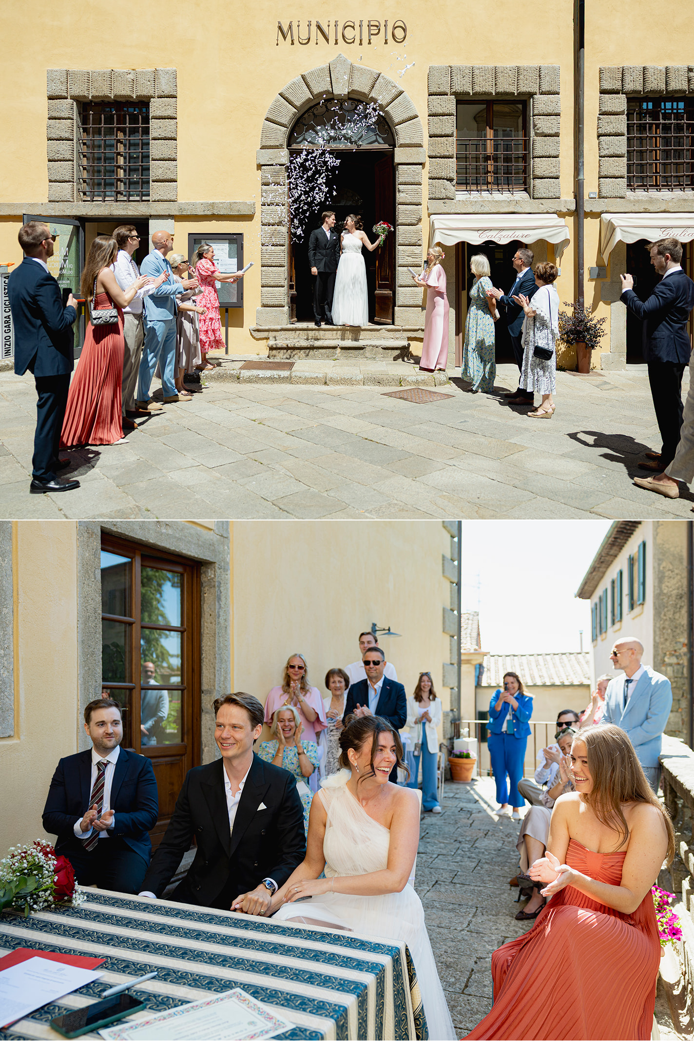 Brudepar og gjester feirer etter den borgerlige vielsen på rådhuset i Santa Fiora Newlyweds and guests celebrating after the civil ceremony at Santa Fiora town hall